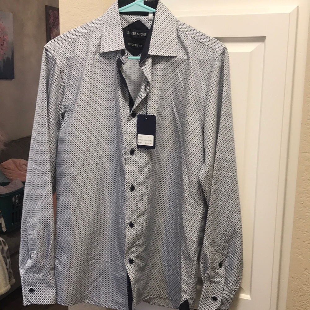 Men’s Silver Stone navy and white modern fit button down shirt NWT